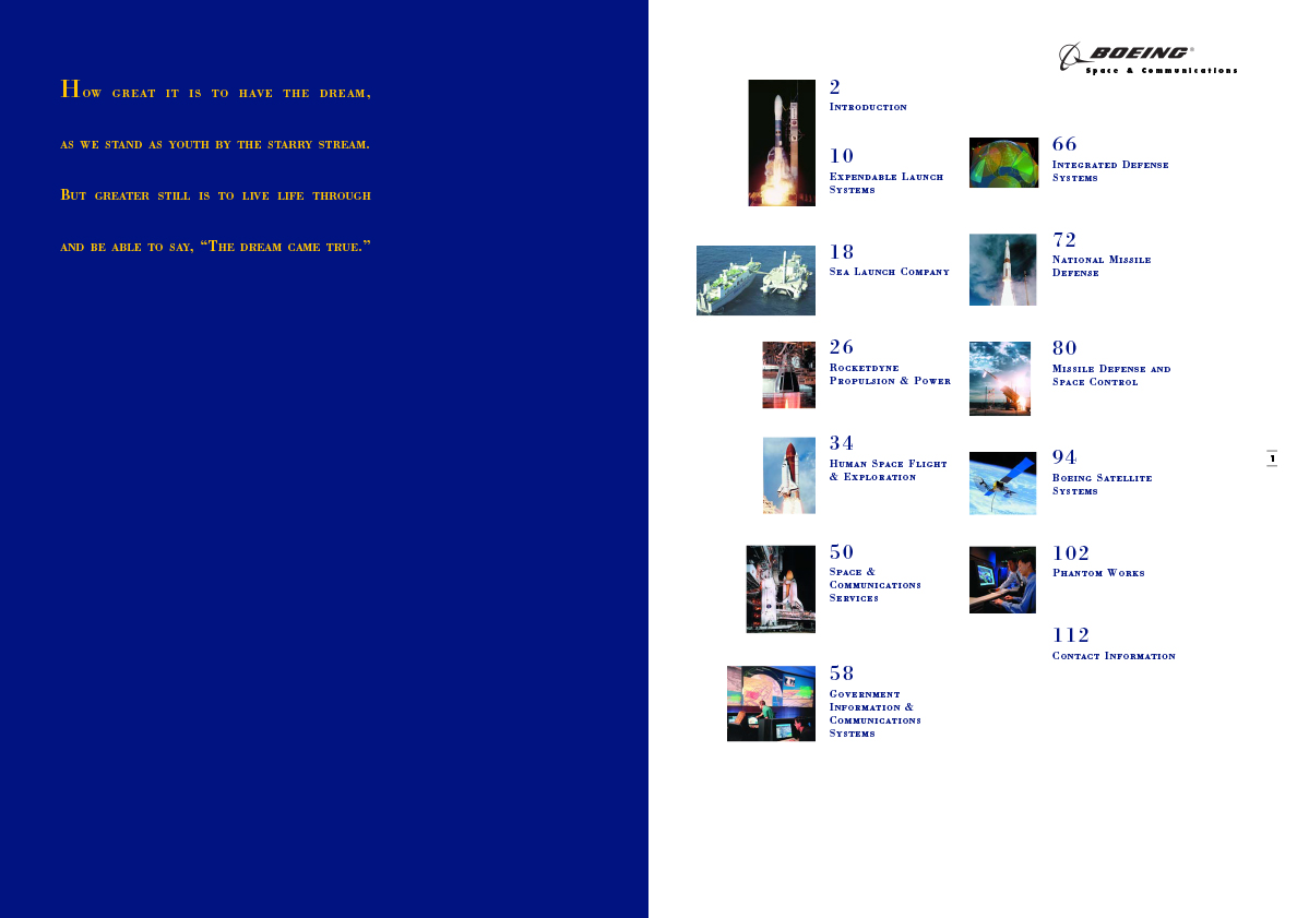Journal of Boeing Space and Communications 120 page print Brochure by Hogan Design, Inside Spread - Table of Contents