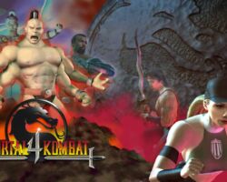 Original Mortal Kombat 4 Game Box Retail Packaging Wrap-Around Front & Back Cover Illustration for Midway Home Entertainment by Hogan Design Original Mortal Kombat 4 Game Box Retail Packaging Wrap-Around Front & Back Cover Illustration for Midway Home Entertainment by Hogan Design